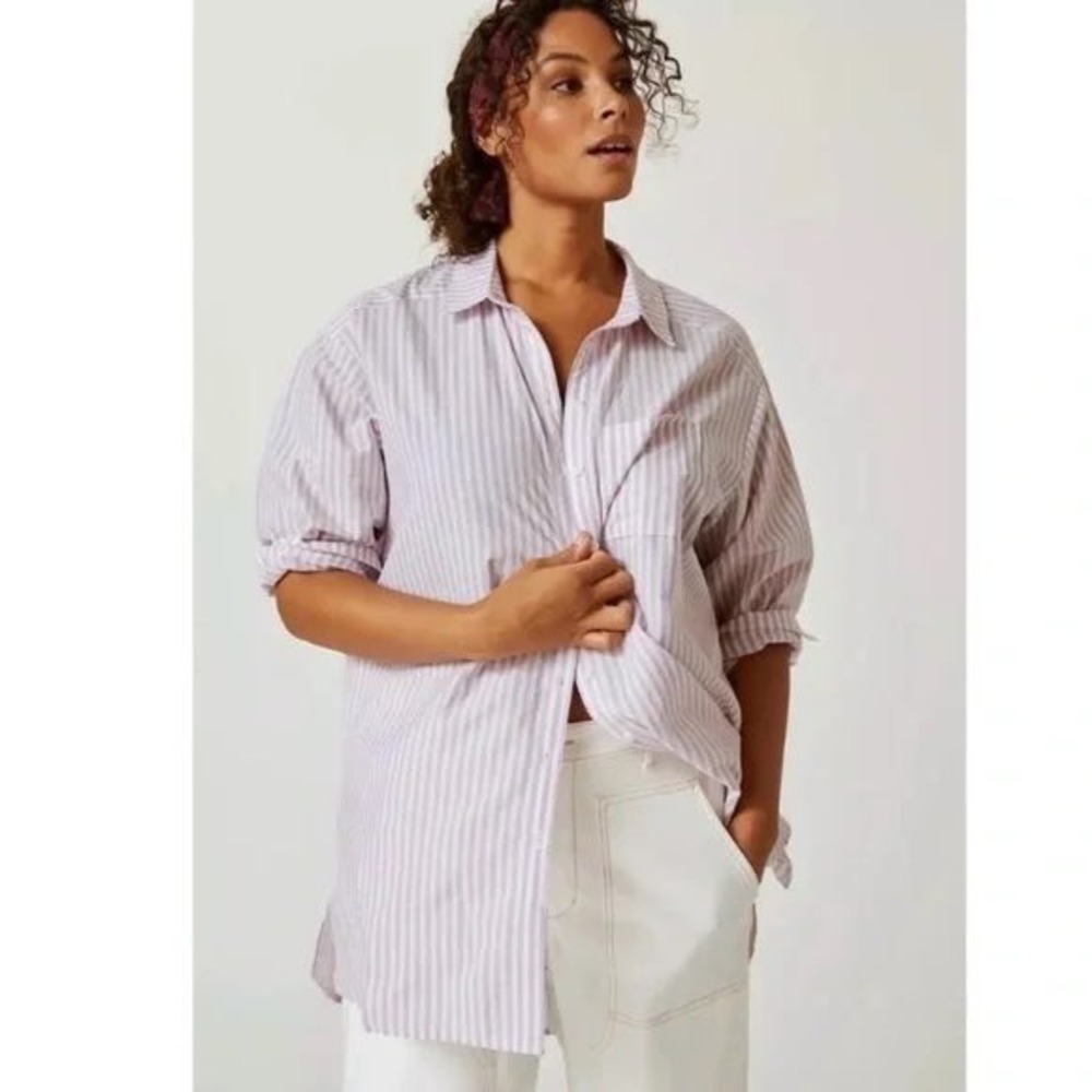 Anthropologie Long Line Purple Stripe Button Tunic Shirt Womens Large